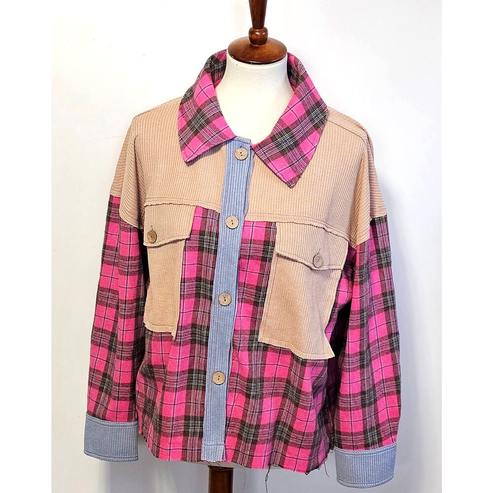 Women's Waffle Knit Pink Plaid Overshirt | Button Up Cardigan, Size S/M
